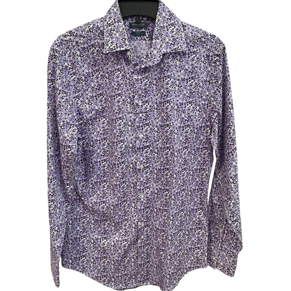 Madison Slim Fit Dynamic‎ Cooling Floral Dress Shirt Purple Small 14-14.5